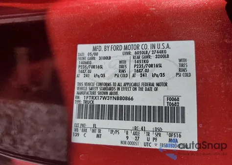 2000 Ford F150 from USA, damaged, VIN 1FTRX17W3YNB80866